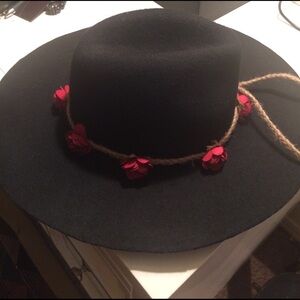 Free People Black Hat with Red Floral Accents
